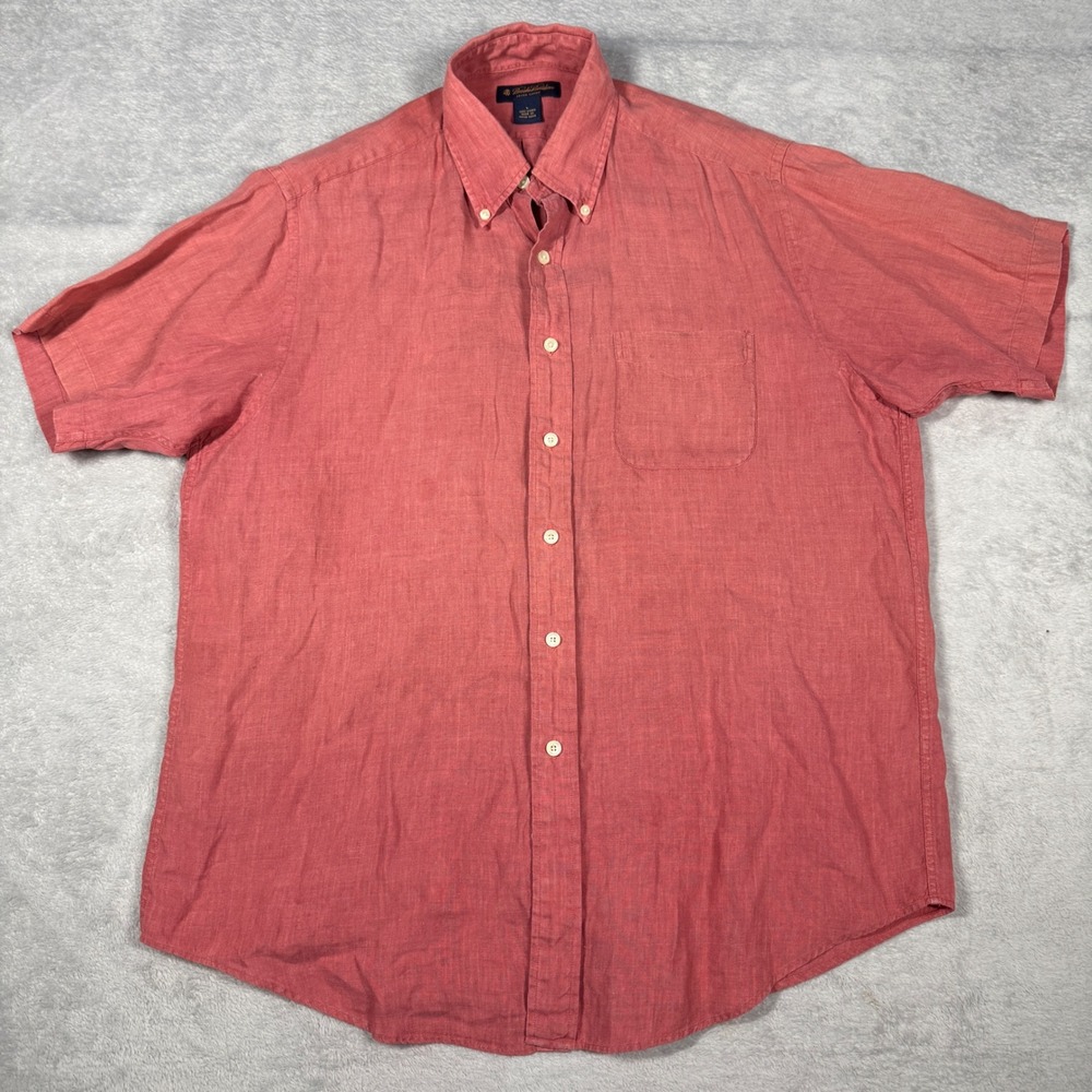 VTG Brooks Brothers Shirt Mens L Coral Pink Irish Linen Made In Hong Kong 90's